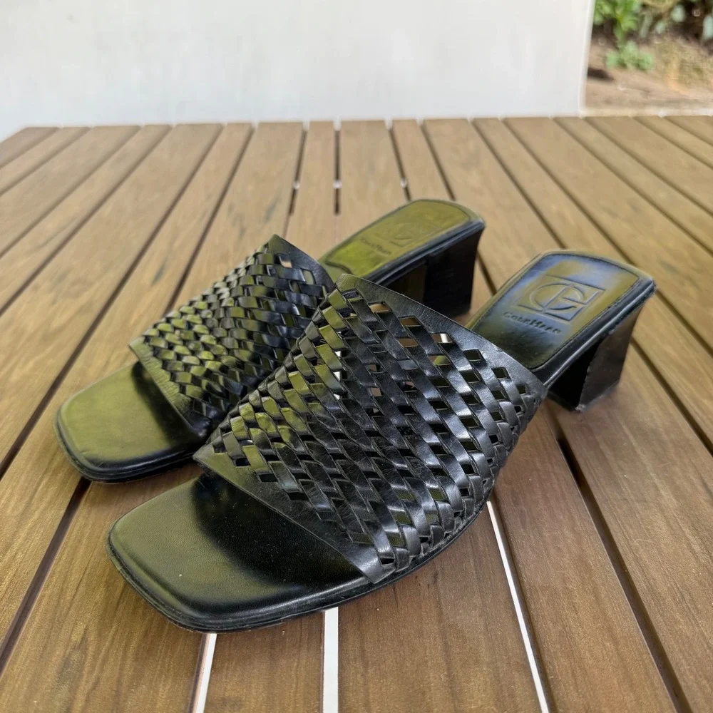 Cole Haan Black Woven Leather Block Heel Slide Sandals Mules D11349 Size 8 B